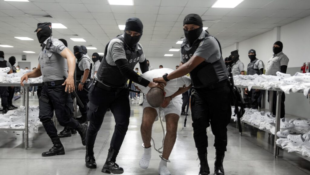Un presunto miembro de la organización criminal venezolana Tren de Aragua a su llegada al Centro de Reclusión del Terrorismo (CECOT) (Foto: OFICINA DE PRENSA DE LA PRESIDENCIA DE EL SALVADOR)