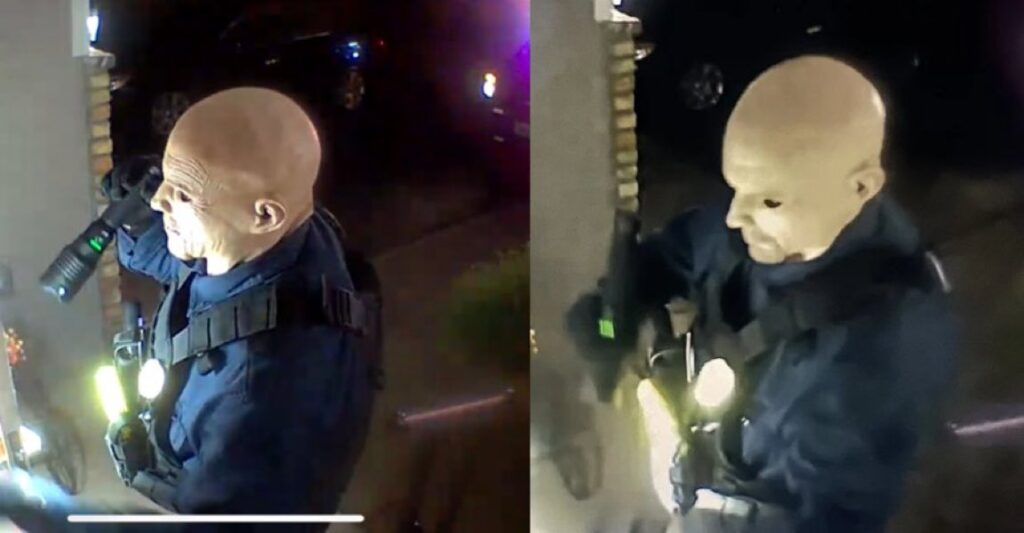 El presunto tirador Vance Luther Boelter, que disparó a dos legisladores de Minnesota, fue captado por una cámara de seguridad vistiendo un uniforme policial completo y una máscara de látex ajustada. (Foto: @bennyjohnson)